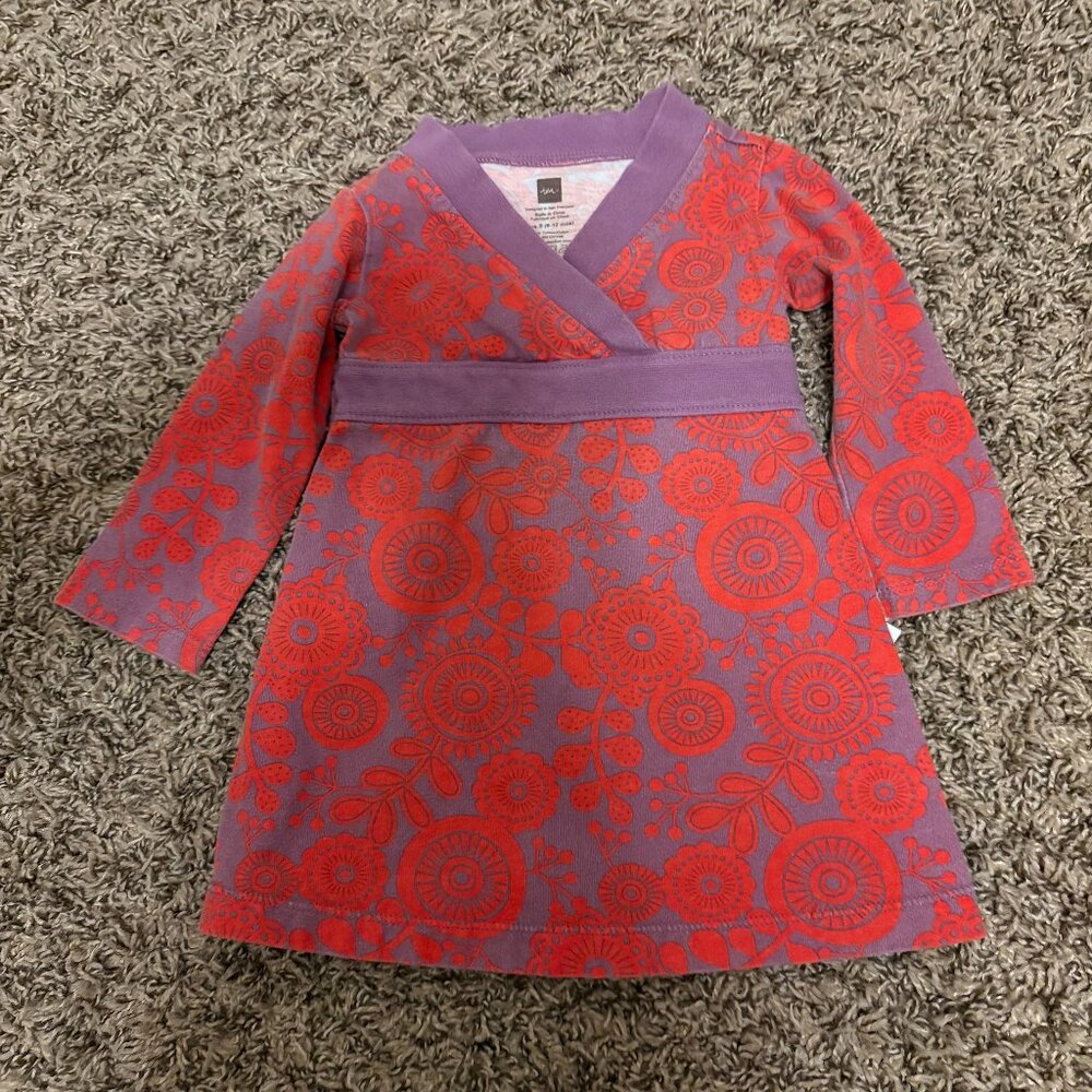 Tea Collection Floral Print Dress 6-12 Months Red and Purple Long Sleeve V Neck